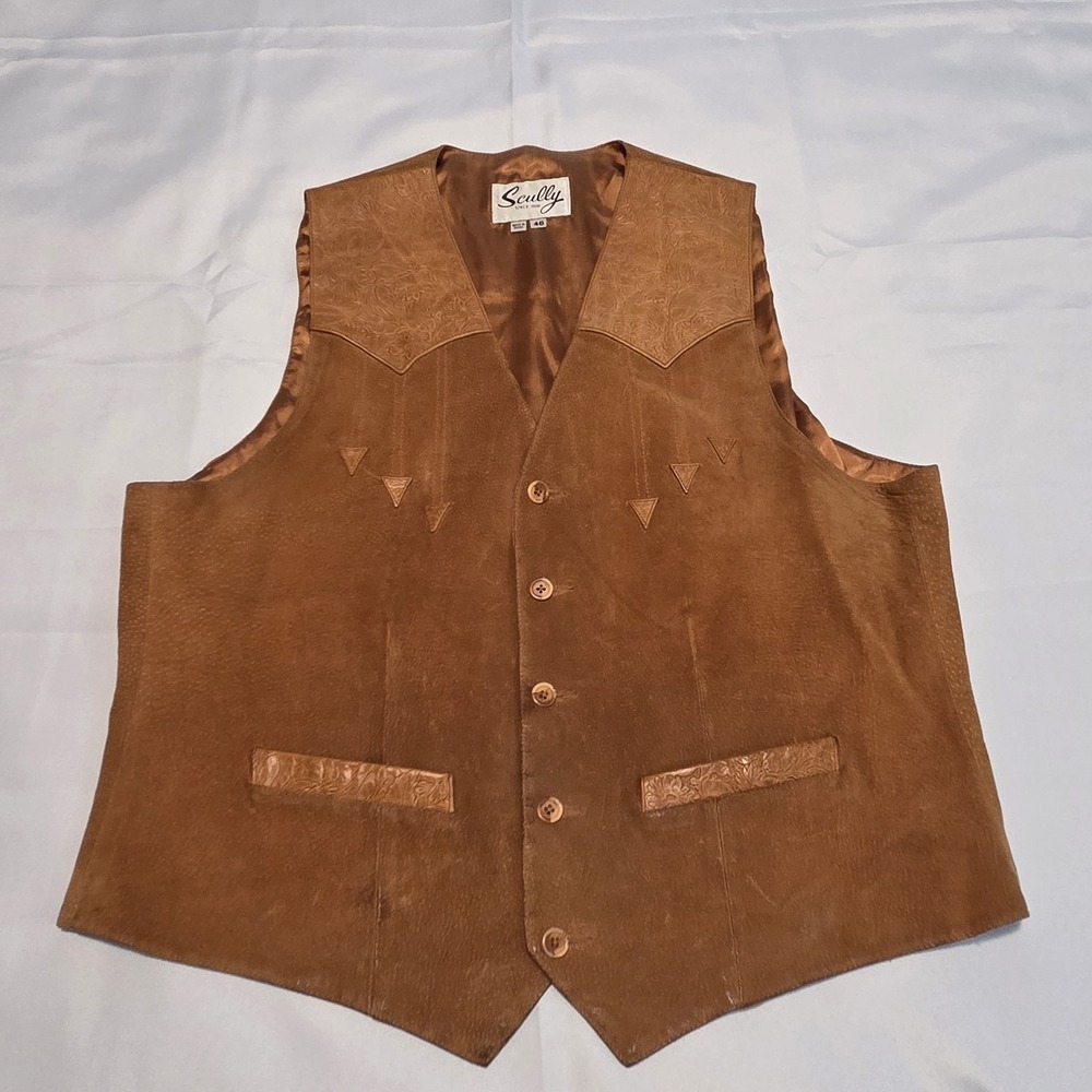 Scully Tooled Leather Suede Vest Western Cowboy Tan Mens Size 46